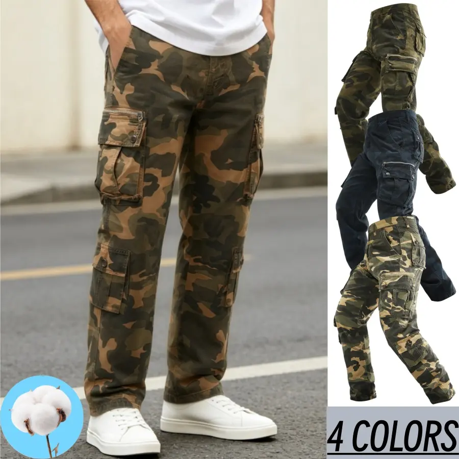 Men's 100% Cotton Vintage Camo Cargo Pants - Tactical Cargo Joggers, Rugged Military Oversized Green Pattern Pants, Straight Fit with Multi-Zipper & Button Side Pockets, Breathable Outdoor Streetwear (4 Colors), Rugged Men's Pants