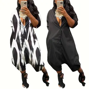 Spring Summer Clothes Women's Shirt Style Deep V Neck 3/4 Sleeve Loose Harem Jumpsuit Casual