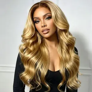 Nadula 7x5 Lace Closure Ombre Honey Blonde Body Wave Wigs With Brown Roots Put On And Go Glueless Human Hair Wigs with Drawstring