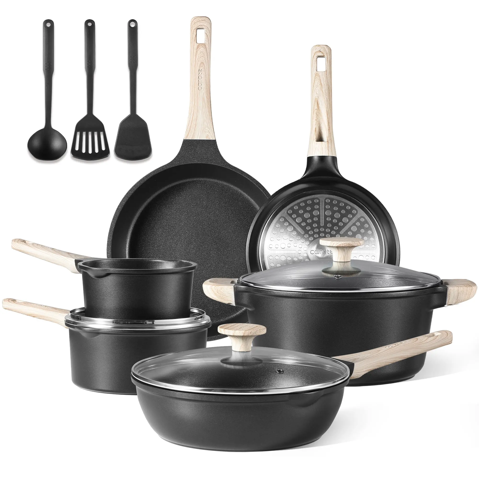 12-Piece Granite Nonstick Cookware Set – Durable Taupe Pots and Pans for Easy Cooking