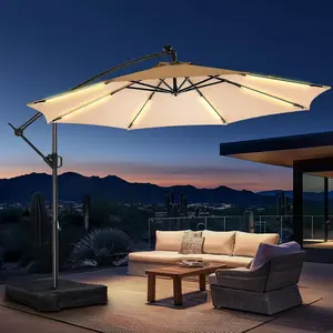 [With Base] 10ft Offset Outdoor Patio Umbrella with Base & Solar Light, Easy Tilt & Crank, Adjustable UPF 50+ UV Protection for Garden, Backyard & Poolside