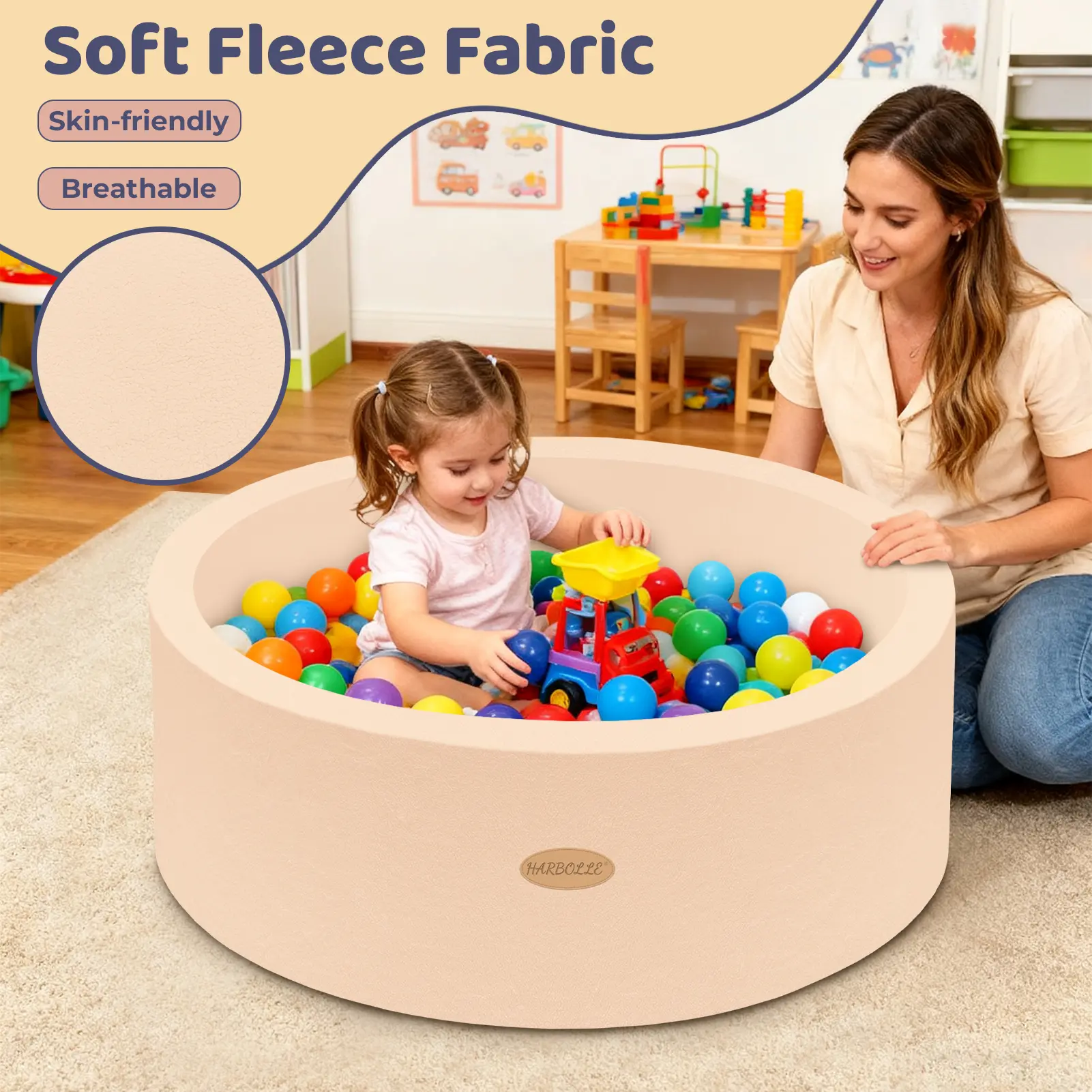 HARBOLLE Plush Fleece Memory Foam Ball Pit - Non-Toxic, 35.4 Inches Diameter, for 0-3 Years Baby Toddlers, Ideal Kids Gift (Balls NOT Included)
