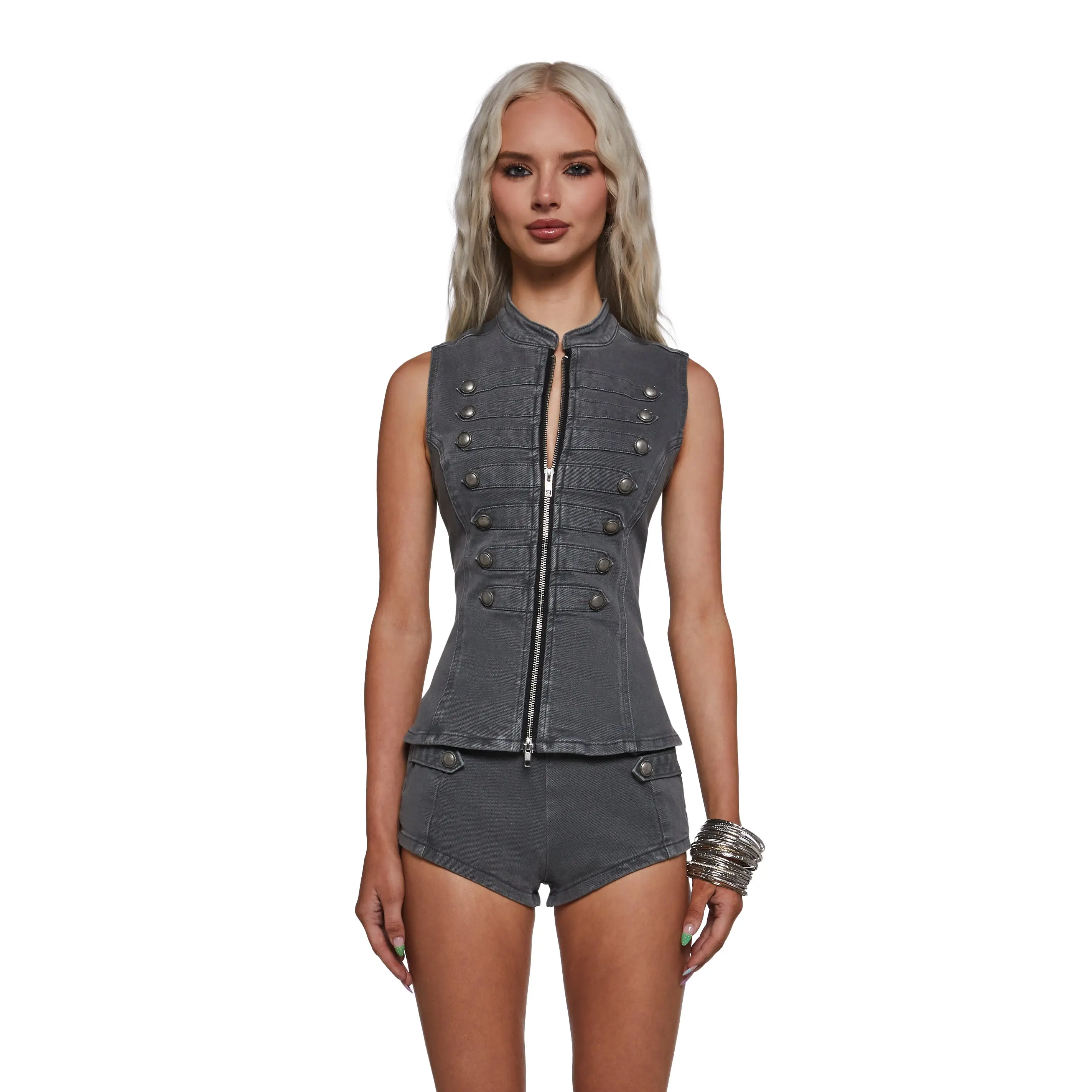 Military Parade Peplum Vest - Gray