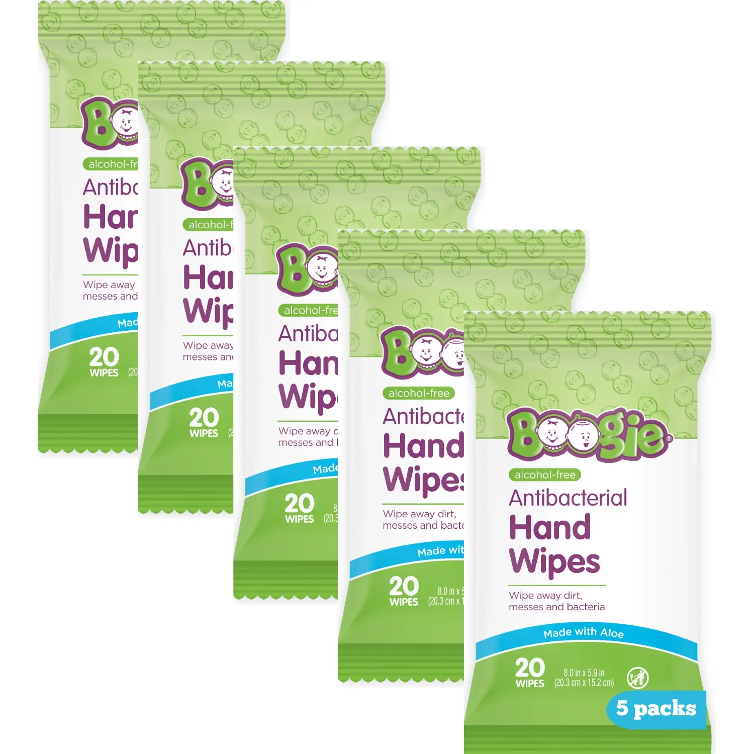 Boogie Antibacterial Hand Wipes – Alcohol-Free, Hypoallergenic with Aloe & Vitamin E (100 Wipes, 5 Packs of 20)