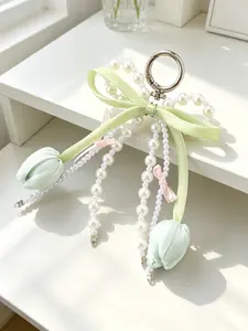 Bag Pendant Pearl&Bow Fabric Tulip Keychain, Beaded Tassel Pendant, French-Style Girly Look, Ideal for Bags and Keys, Perfect Gift for Friends