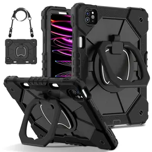 Military-Grade Shockproof Case for iPad Air 8th (M4) 2026 & iPad Pro (M5) 2025 , Compatible with iPad (A16) 11th/10th / iPad Mini - Rotating Stand with  Pencil Holder & Shoulder Strap - Heavy Duty Drop-Proof Cover for Kids/Adults - Black
