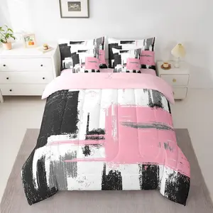 Abstract 7 Piece Bedding Set,Modern Abstract Art Comforter,Black Pink White Bed Set,Includes Comforter,Sheet Set,Pillowcases & Pillow Covers
