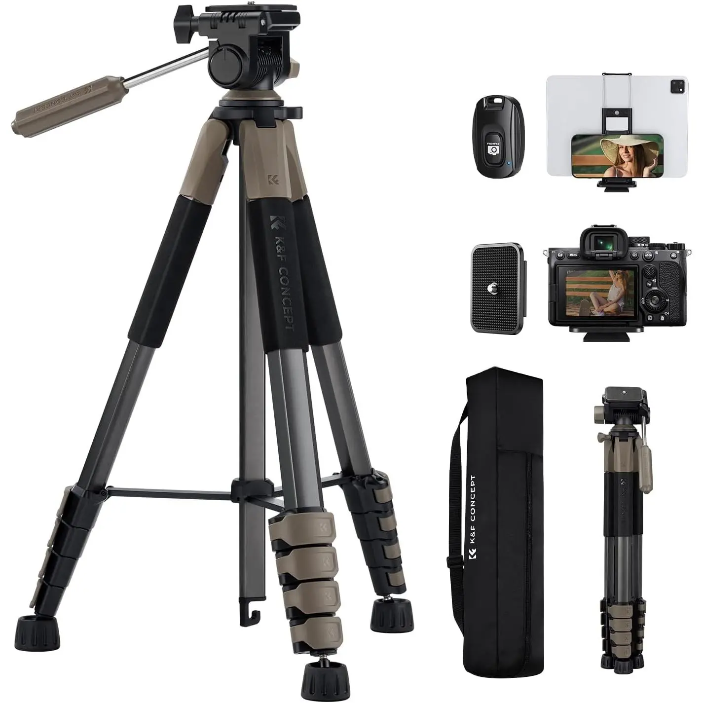 K&F CONCEPT Grey Aluminium Adjustable Tripod - 75in Lightweight Portable Travel Stand, Camera Accessories for DSLR, Phones, Video Recording, Live Streaming with Cellphone Clip