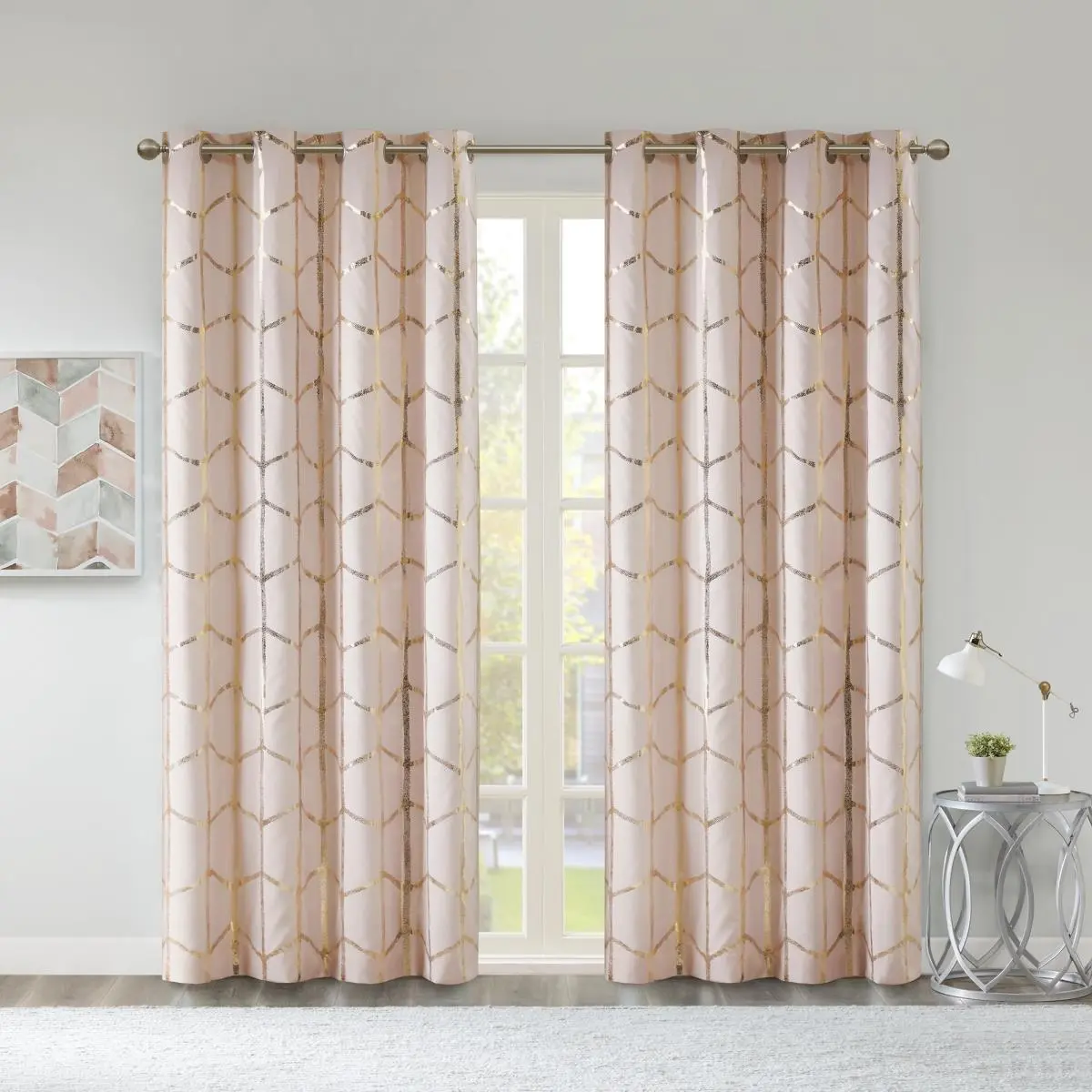 212 MAIN Khloe Total Blackout Window Panel, 50x84 in., Blush, Grommet Top, Foam Back, Geometric Print, Metallic Finish, Intelligent Design ID40-1406