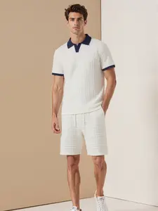 Men's Casual 2 Piece Set, Textured V Neck Short Sleeve Shirt & Shorts for Daily Wear