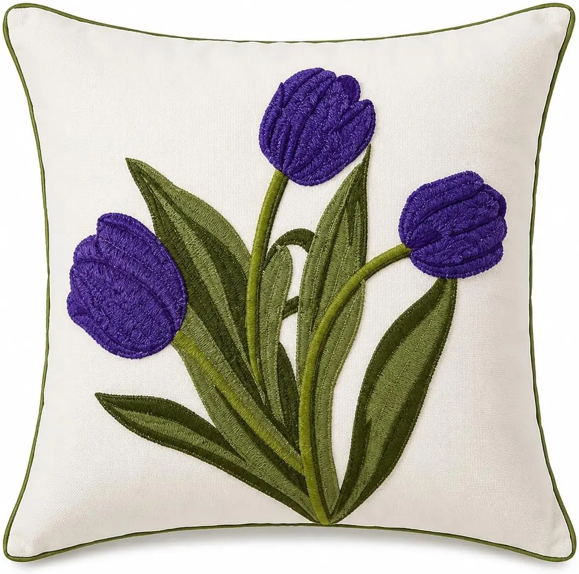 Throw Pillow, 18x18 Inch Full Pillow with Insert Included, Ivory White Woven Canvas Embroidered Tulip Design, Decorative Accent Pillow for Farmhouse, Cottage, Spring & Living Room Décor