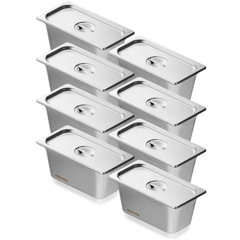 VEVOR 8-Pack 1/3 Size Sturdy Stainless Steel Hotel Pans Containers, 0.8mm Thick, Anti-Stacking Groove Design, 6-in Deep Anti-Jam Lid, Smooth Edges, Dishwasher Safe, Heat & Cold Resistant, for Commercial Catering (Hand-Scratch Protection)