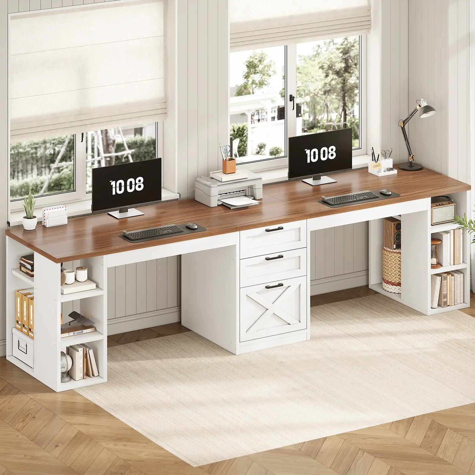 Sedeta 96.5" L X 19.7" W Rustic Farmhouse 2-Person Computer Office Desk - Durable Modern Furniture-Style Workstation with Drawers, Storage Shelves, Bookshelf with Drawers, Desk Accessories, Printer Stand, for Home Office, Bedroom, Assembly Required
