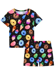 Girls' 2-Piece Short Pajamas Set, Donut & Ice Cream Print, Casual Soft Comfortable Home Sleepwear, Ideal for Daily Wear, Play, Outdoor Camping, Fruit Print Pajamas, Pajama Outfit, Cartoon Print Sleepwear