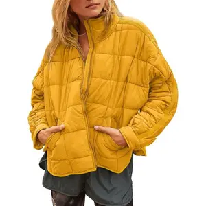 Women's Lightweight Down Coat Long Sleeve Zip Packable Short Puffer Jackets Casual Check Clothes Fashion
