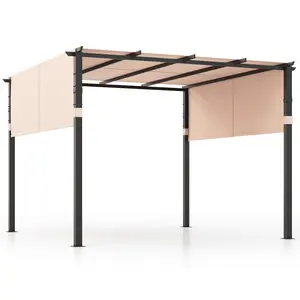 COSTWAY - 10 x 10 ft Flat Top Pergola with Retractable Canopy for Garden Pool Porch and Backyard-Beige