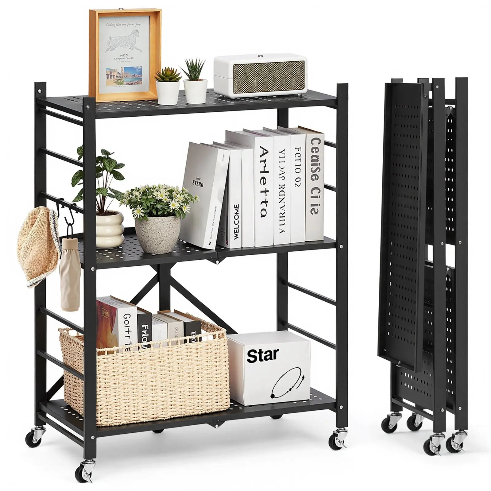 3-Tier Foldable Rolling Storage Shelf With Wheels, 28 X 13 X 36-Inch Metal Shelving Unit, Durable Steel Construction, Mobile Garage Laundry Pantry Organizer, Office And Workshop Storage Cart, Easy Assembly