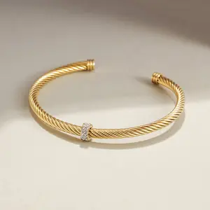 Elegant CZ Cable Cuff Bracelet with Sparkling Cubic Zirconia Accents for a Stylish Look