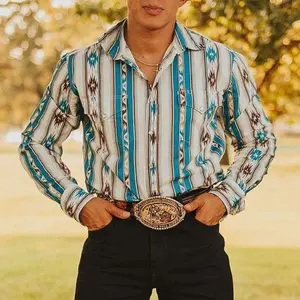 2025 Classic Western style denim men's shirt, striped casual button down long sleeved shirt, top with pocket, versatile and timeless