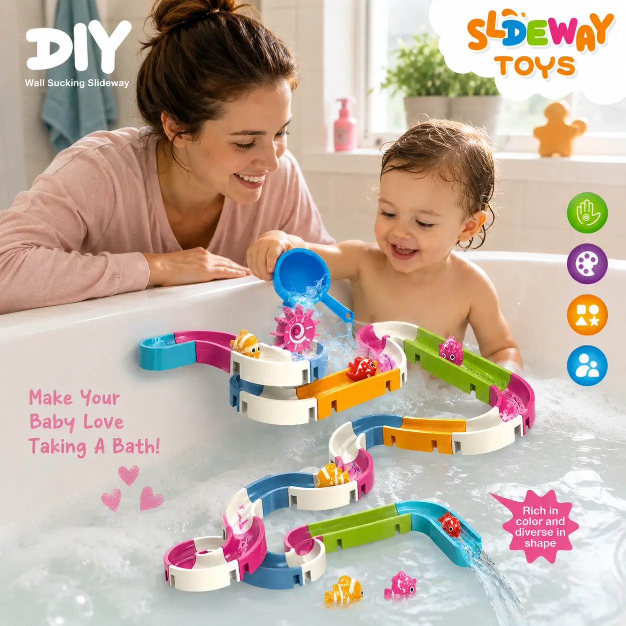 DIY Creative Building Water Slide Set, 21/31/48 pcs – Spinning Fish & Suction Cup, Water Wheel, Gift, Bathfun kids toys Play Diy Playset