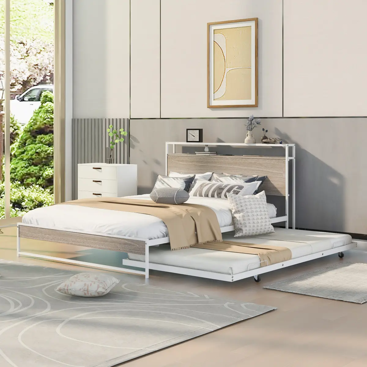 Queen Platform Bed with Trundle and USB Ports, Metal Queen Bed Frame with Storage Headboard and Steel Slat Support, for Bedroom and Guest Room (Queen Size, White)