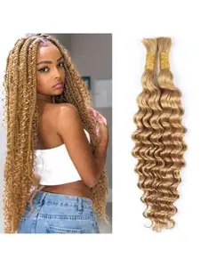 Deep Wave 2 Bundle Bulk Hair for Braiding, Highlight Honey Blonde, Curly Extensions, Boho Braids, Wet Wavy Color 27, 100g, Blonde Braiding Hair, Bohemian Box Braids, Wavy Hairpieces