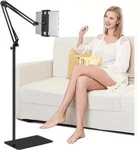 Tablet Floor Stand with Heavy Duty Base, Overhead Bed phone Stand Angle Height Adjustable Arm Stretchable Stand Holder, Compatible with iPad Mini Air Pro, Galaxy Tab, Kindle, E-Readers,Cell Phones