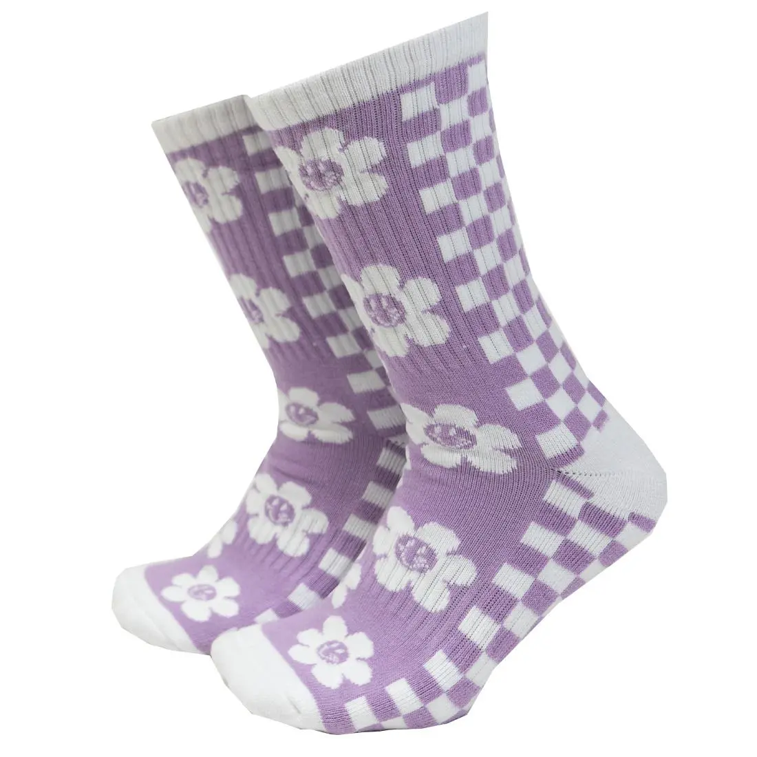 Women's Crew Socks in a Purple Checkered Flower Pattern, Mid-Calf Length for Everyday Comfort and Performance, Plaid, Checkered Flowers, Day, Everyday Wear, Performance Sock, Floral