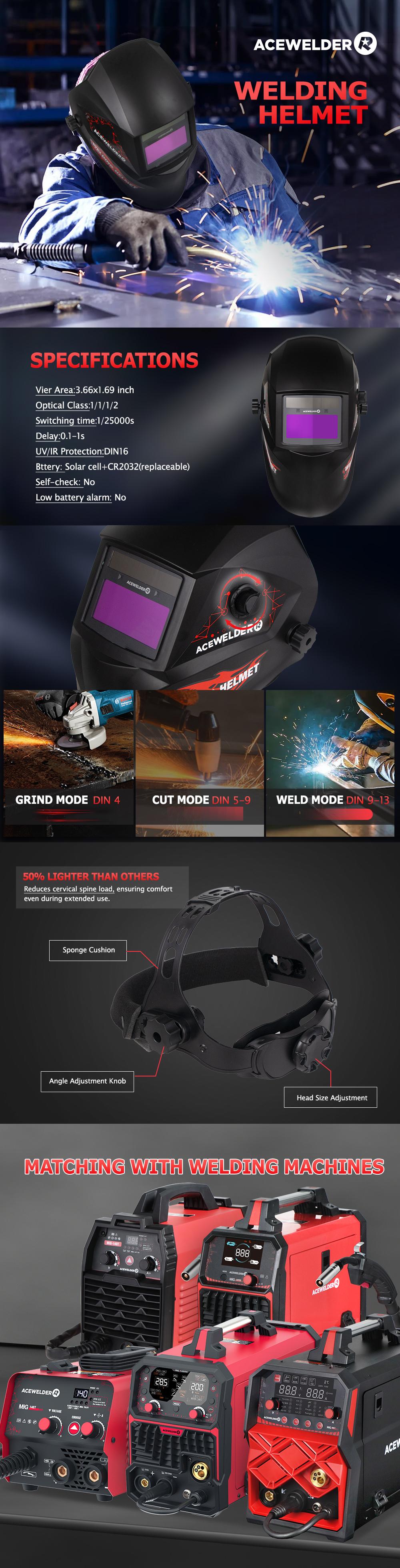 ACEWELDER Auto Darkening Welding Helmet, 1/1/1/2 True Color Solar Powered Welding Hood with 2 Arc Sensors, Wide Shade 3.5/9-13 Welder Mask for TIG MIG ARC and Grind