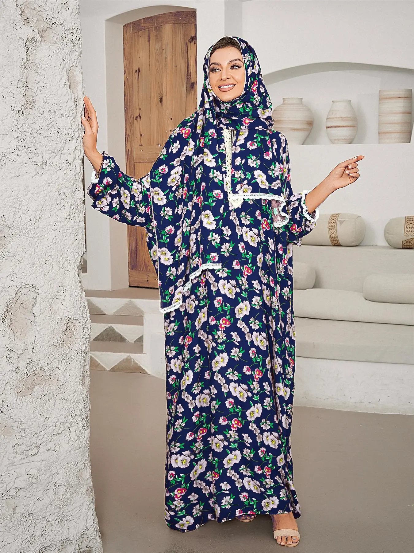 Women's Ditsy Floral Print Long Sleeve Maxi Prayer Dress with Hijab, Casual Elegant Modest Long Robe, Women's Islamic Clothing For Muslim for All Seasons Flowers