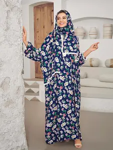 Women's Ditsy Floral Print Long Sleeve Maxi Prayer Dress with Hijab, Casual Elegant Modest Long Robe, Women's Islamic Clothing for All Seasons Flowers