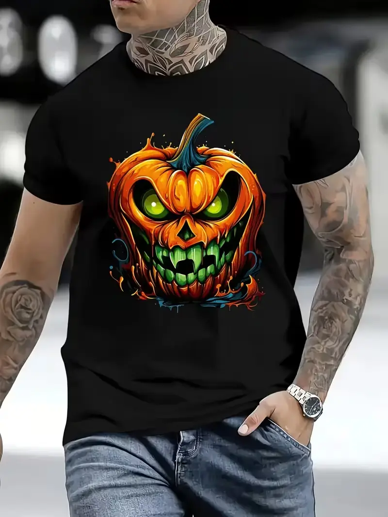 Scary Glowing Eyes Pumpkin Head Halloween Graphic Cotton T-shirt, Street Casual Tee