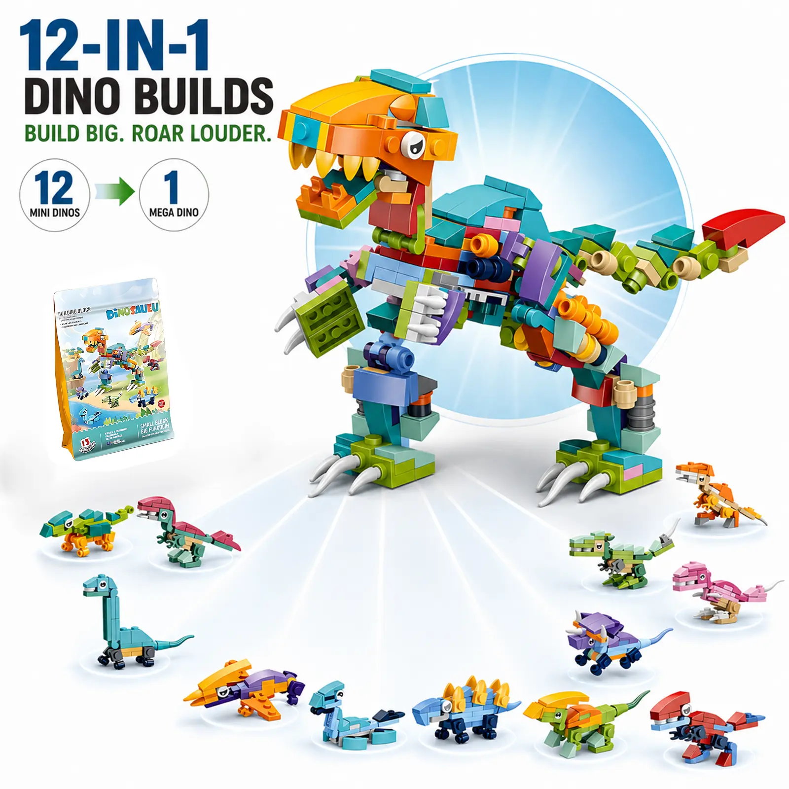 12-in-1 Dinosaur & Insect Building Blocks Set, Unisex 6+ STEM Kit, Screen-Free Play Toys with Model Functions, Travel Toy, Birthday Party Favor