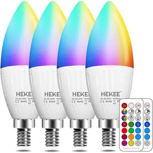 HEKE E12 LED Candelabra Light Bulbs Color Changing RGB 2700K Warm White 450 Lumen 5W 12 Color 2 Modes Timer Remote Control 4 Pack Decorative