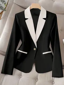 A women's black contrast V-neck long-sleeved temperament suit, suitable for all seasons, suitable for commuting outfit, V Neck Blazer