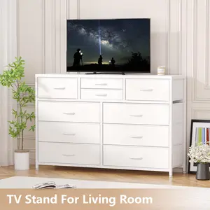Garvee Entertainment Center TV Console Table with 10 Fabric Drawers, Adjustable Feet, Anti-Tip Kit, Storage Unit for Living Room or Bedroom, White Finish