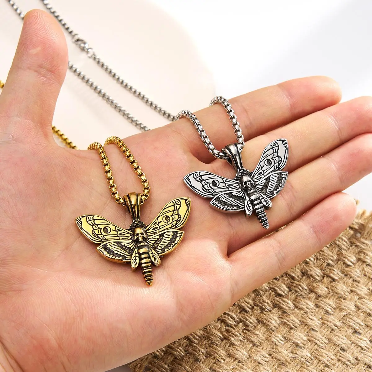 OUFER Gothic 316L Stainless Steel Death Moth Skeleton Necklace, Unisex Extra-Long Durable Chain, Edgy Emo Fashion Cool Accessories, Non Tarnish Daily Wear Statement Jewelry, Non Tarnish Jewelry