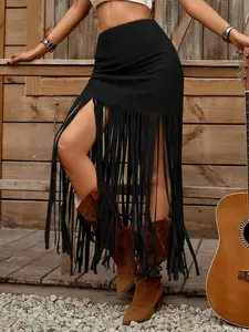 Women's Faux Camel Suede Fringe Hem Mini Skirt, Casual Spring Summer Country Music Festival Wear, Plain Design, Fitted A-Line Fit