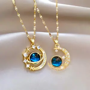 Blue Planet Moon Pendant Necklace for Women, Celestial Star Jewelry, Elegant High-Quality Chain Necklace, Trendy Gift for Daily Wear, Weddings, Christmas, Valentine’s Day & Special Occasions