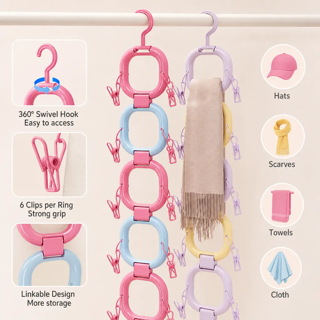 1 Count Hat Scarf Hanger Organizer, with 12 Non-marking Clips 360 Degree Rotatable Hook, for Closet Door Wardrobe Hanging Storage