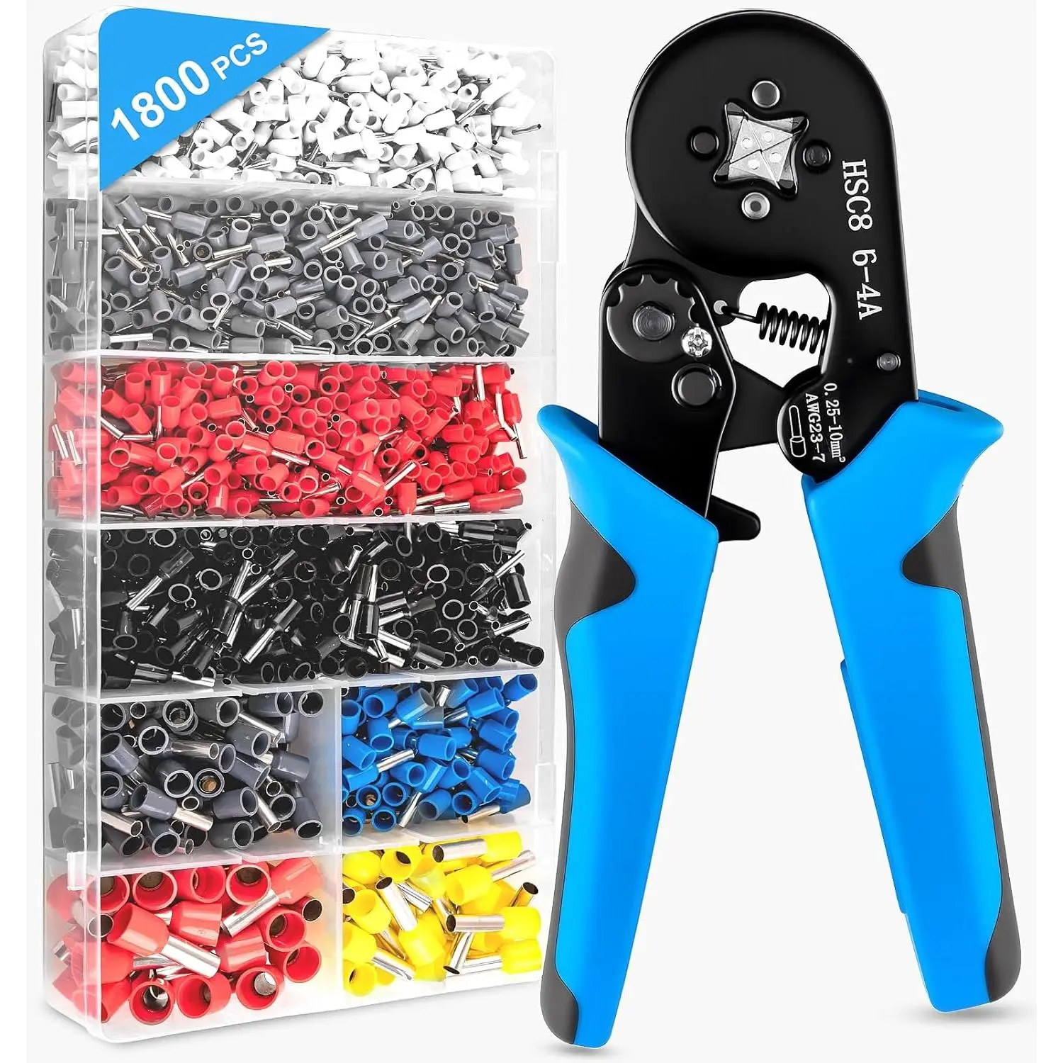 Ferrule Crimping Tool Kit with 1800 count Wire Ferrules Kit Wire End Terminals &  Plier, Self-adjustable Ratchet Tool Set for AWG 23-7  connectors, 0.25-10mm2 (1800PCS PLUS)