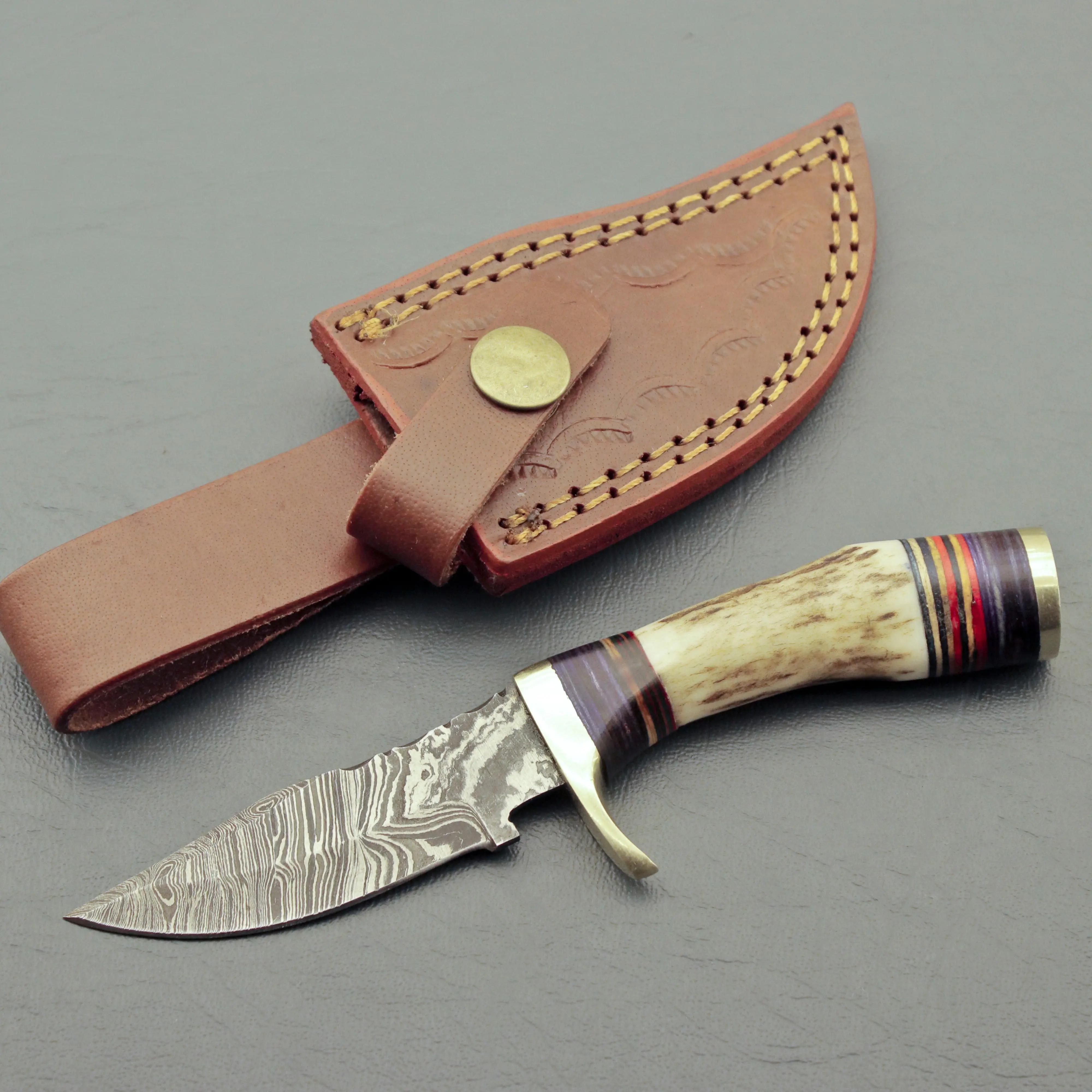 Damascus Knife 6" Inch Fireside Camping & Skinning Tool with StagHandle & Leather Sheath – Best Gift for Him
