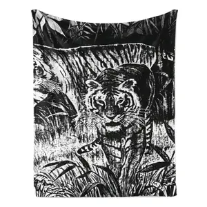 Black-and-White Colorblock Tiger Mexican Blanket - Boho, Animal Artwork, Art Graphic Vintage Woodblock Fleece All-Season Throw for Bedroom, Camping - Ideal Gift for Animal Lovers, Boho Blankets, Animal Artwork Blankets