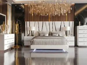 Europa 00-1840-7PC 7-Pc Queen Bed Set with White Finish Wood Faux Leather & Silver Accents Modern Design Includes Bed Nightstands Dresser Mirror Underbed Lighting