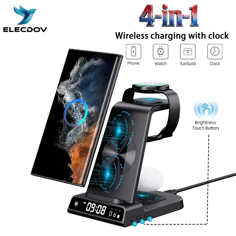 4-in-1 Wireless Charger for Samsung Galaxy Z Fold 8, Z Flip 8, Apple, and Google — Features a digital clock, 3-level brightness adjustment, and a portable, easy-to-store design; ideal for office desks, nightstands, and travel. ELECDOV C01