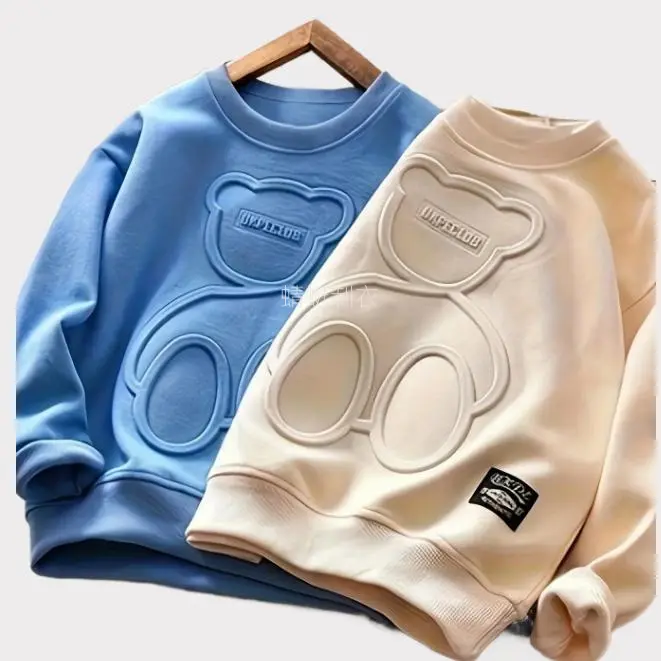 Boys' 2023 Spring-Autumn New 2-Pack Casual Polyester Crew Neck Hooded Pullovers - 3D Embossed Bear Cartoon Print Sweater, Long Sleeve Sportswear Tops, 3-4 Years, Casual Sweatshirts