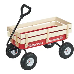 summervibes Heavy Duty Pull-Along Kids Wagon, 39 in Toddler Wagon with Wooden Panel Handle, 330 lbs Weight Capacity, All-Terrain Utility Cart for Kids Gardening Beach, Red, Heavy Duty Wagon
