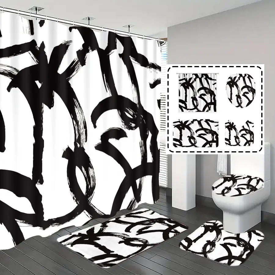 1pc/4pcs, Shower Curtain Set With Rugs, bathroom set, shower curtains, bathroom rug, home decoration, bathroom mat, abstract line pattern, simple theme decoration, 12 hooks given away, Bathroom Shower Curtain Sets