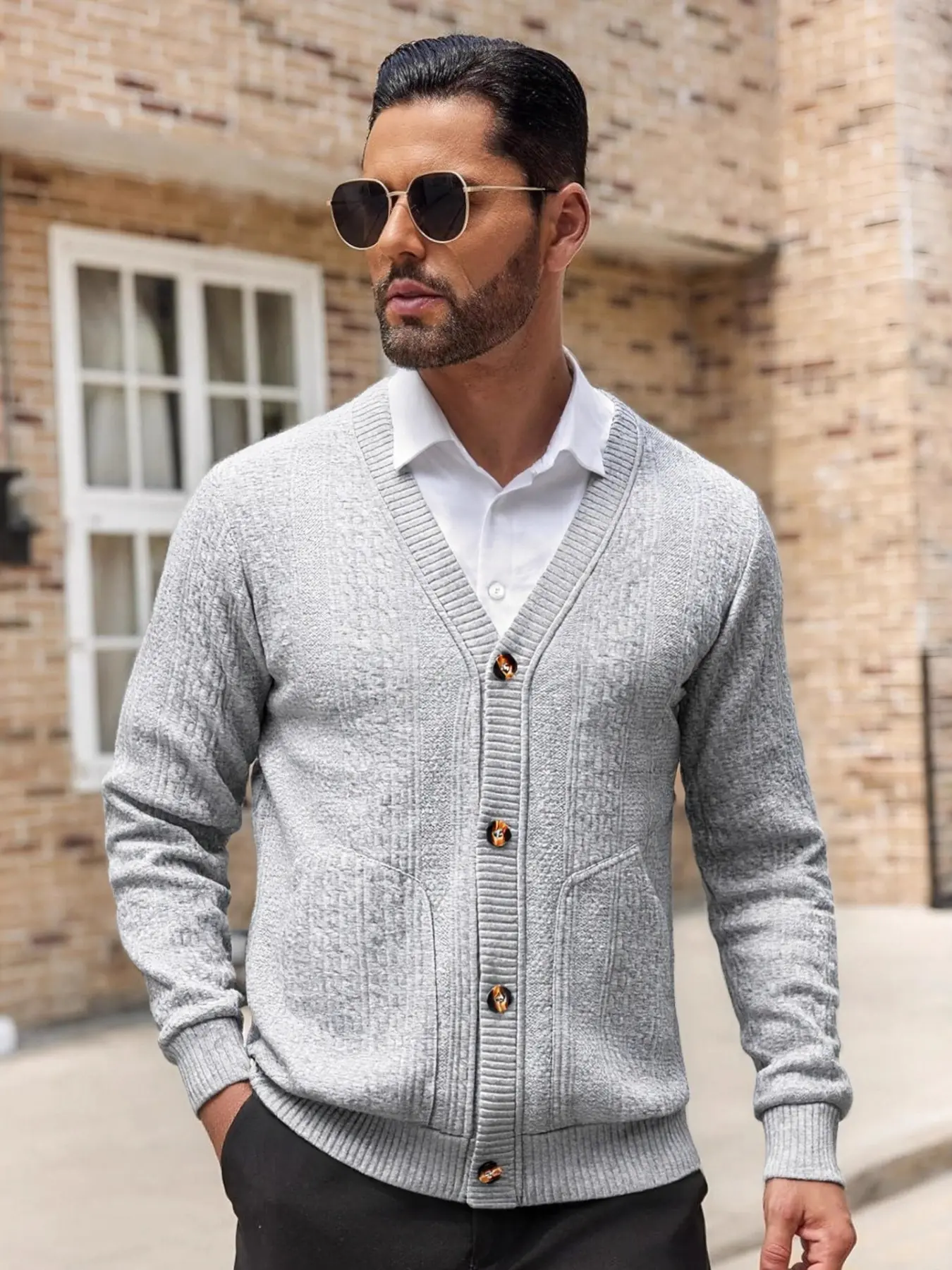 Men's Textured Knit Cardigan | Lightweight Sweaters | Lightweight V-Neck Button Up Sweater | Windproof Warm Thick Knit with Pockets | Casual Long Sleeve Fall Outwear | Relaxed Fit Boho Style | Knitwear