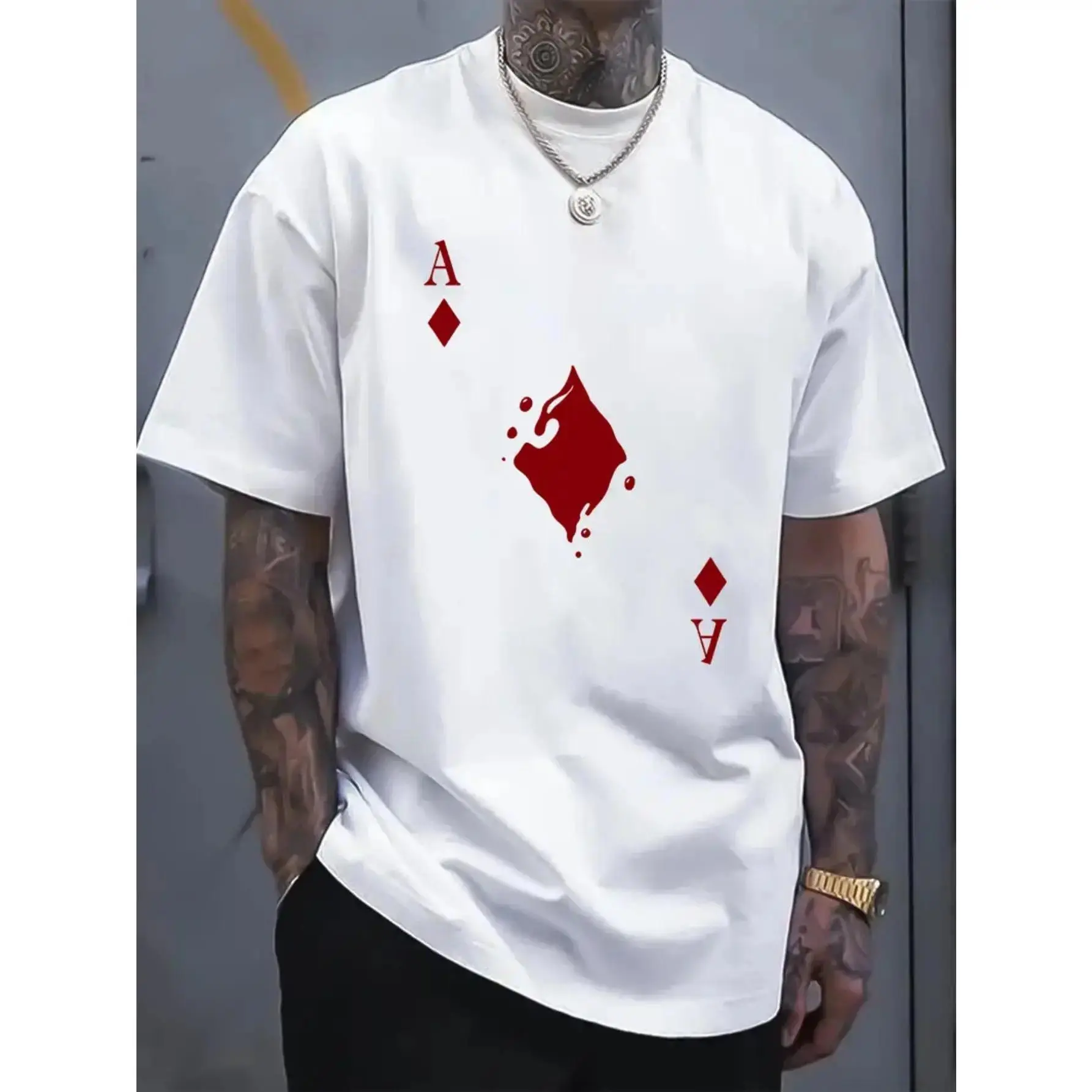 Men's Cotton Crew Neck Vintage Distressed Tshirt - Menswear Short-Sleeve Top, Bold Ace of Spades Graphic Print, Regular Fit Stretch Knit Fabric, White Casual All-Season Street Trend Shirt, Shortsleeve, Round Neck, Streetwear